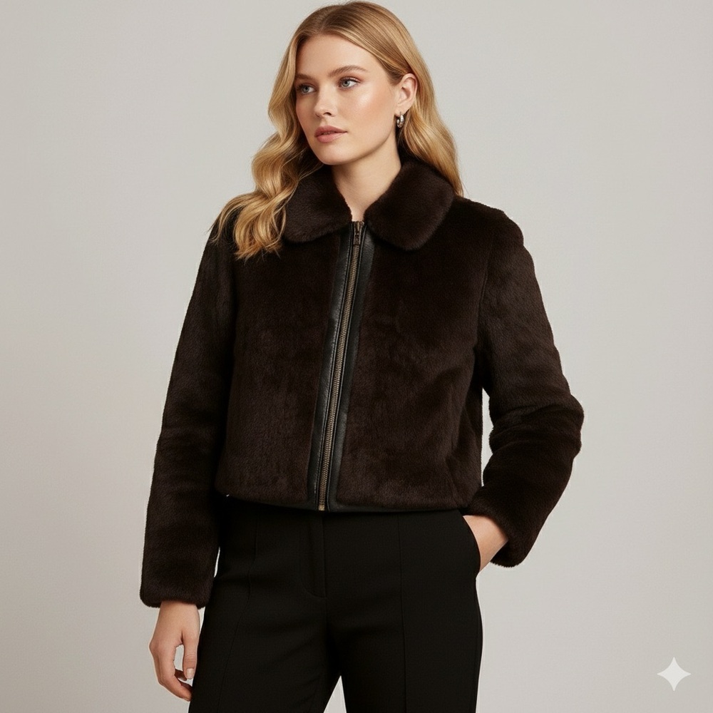 Tara Jarmon Rabbit Fur Jacket Brown Leather‎ Trim FR 40 US 8 Vintage Luxury